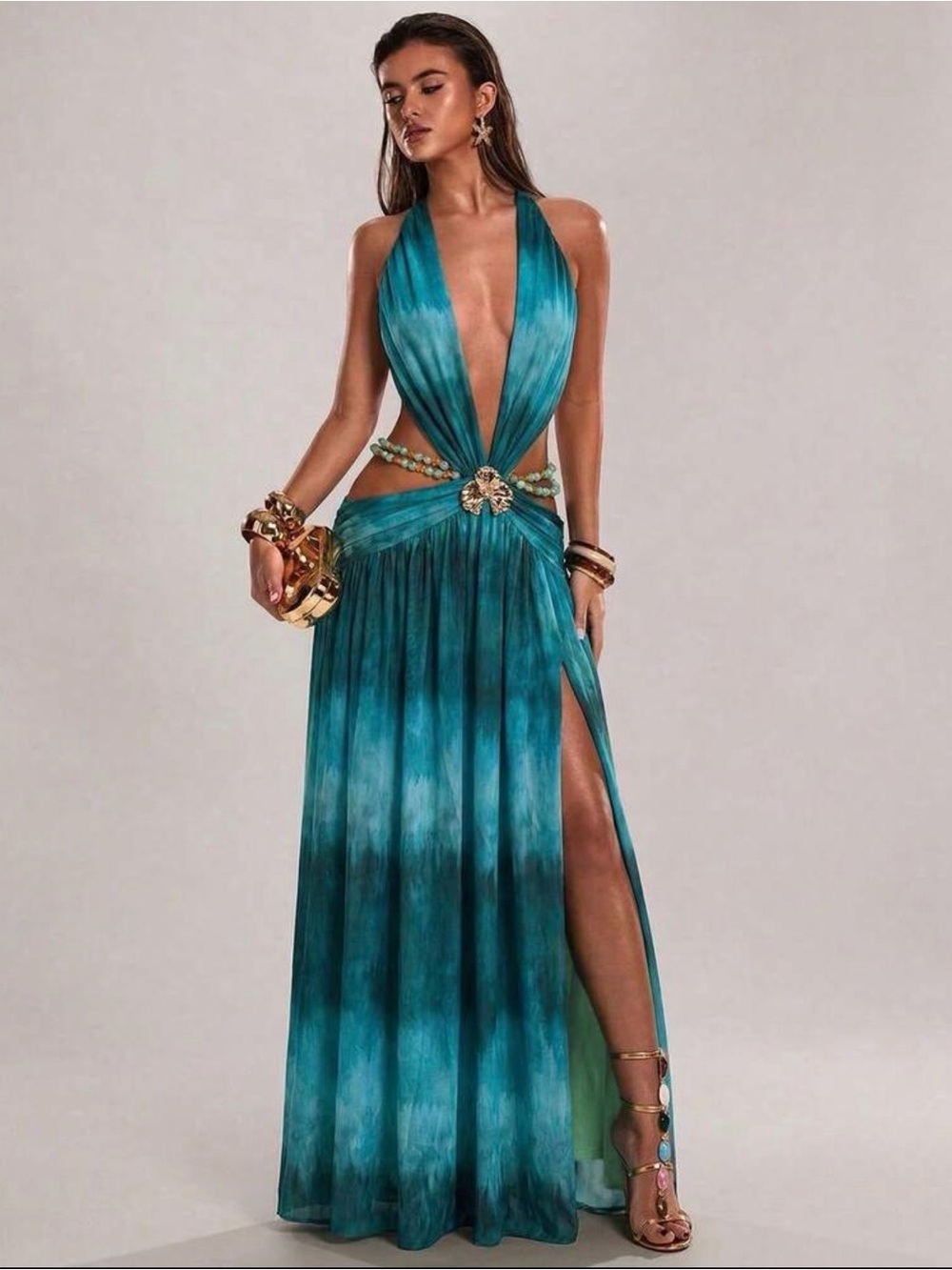 Plunging Teal Maxi Dress with Side Slit